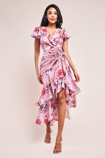Printed Wrap High And Low Tier Dress Goddiva